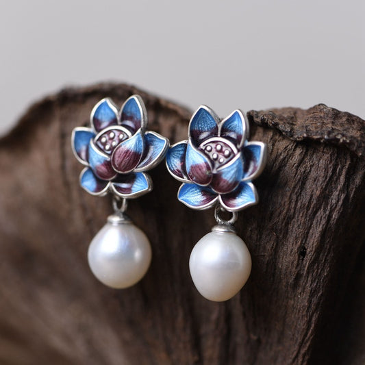 S925 Silver Enamelled Enamel Lotus Silver Stud Earrings Women's Thai Silver Retro Artistic Pearl Earrings-Jewearrings