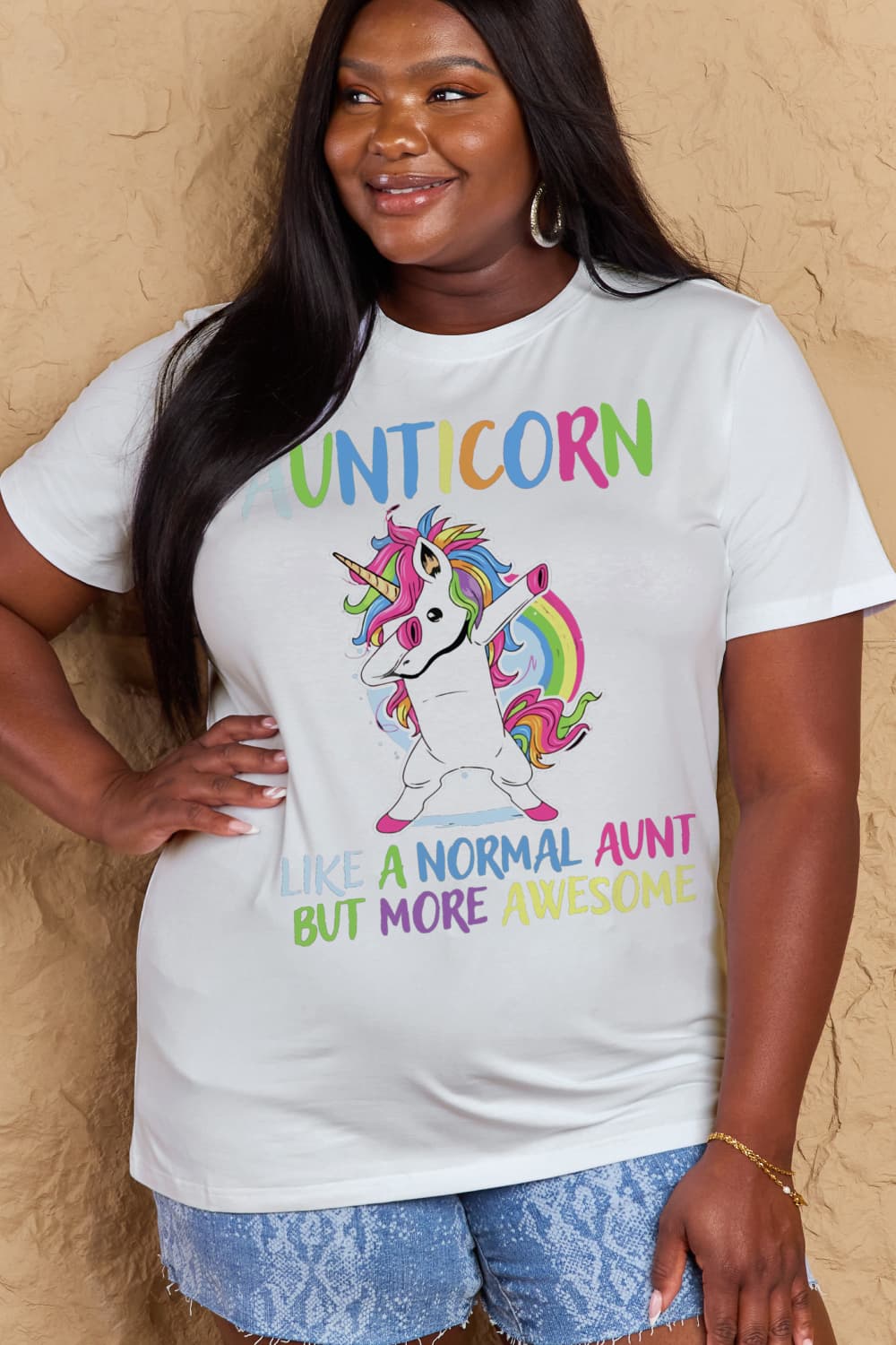 Simply Love Full Size AUNTICORN LIKE A NORMAL AUNT BUT MORE AWESOME Graphic Cotton Tee-Jewearrings