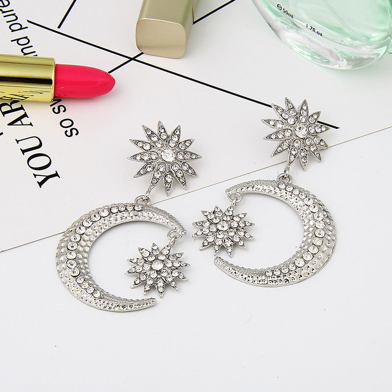 European And American Star And Moon Stud Earring Women's Retro Sun Moon Star Diamond Stud Earrings Exaggerated Eight Awn Star Long Earrings-Jewearrings