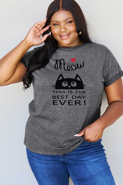 Simply Love Full Size MEOW THIS IS THE BEST DAY EVER! Graphic Cotton T-Shirt-Jewearrings