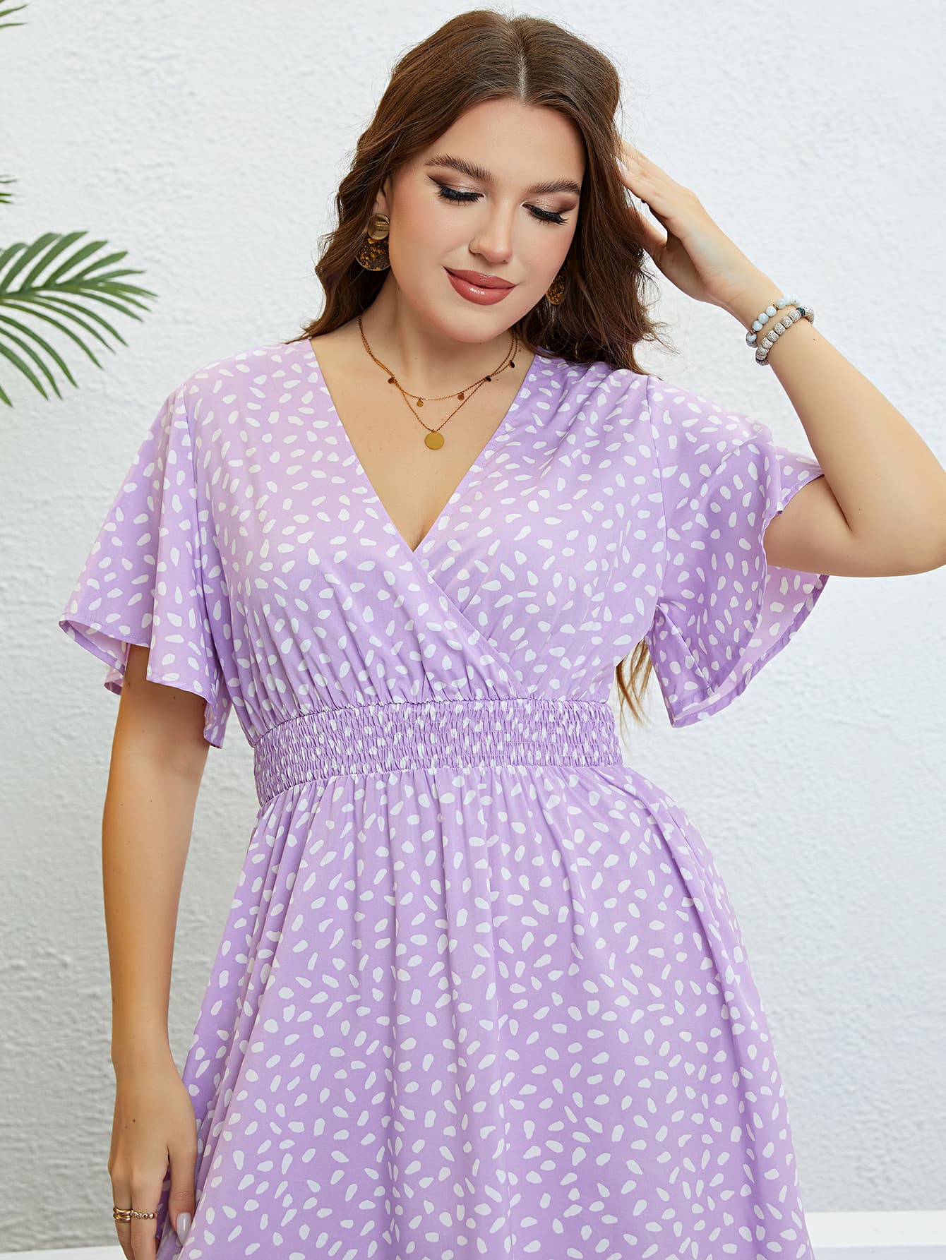 Plus Size Printed Smocked Waist Surplice Dress-Jewearrings