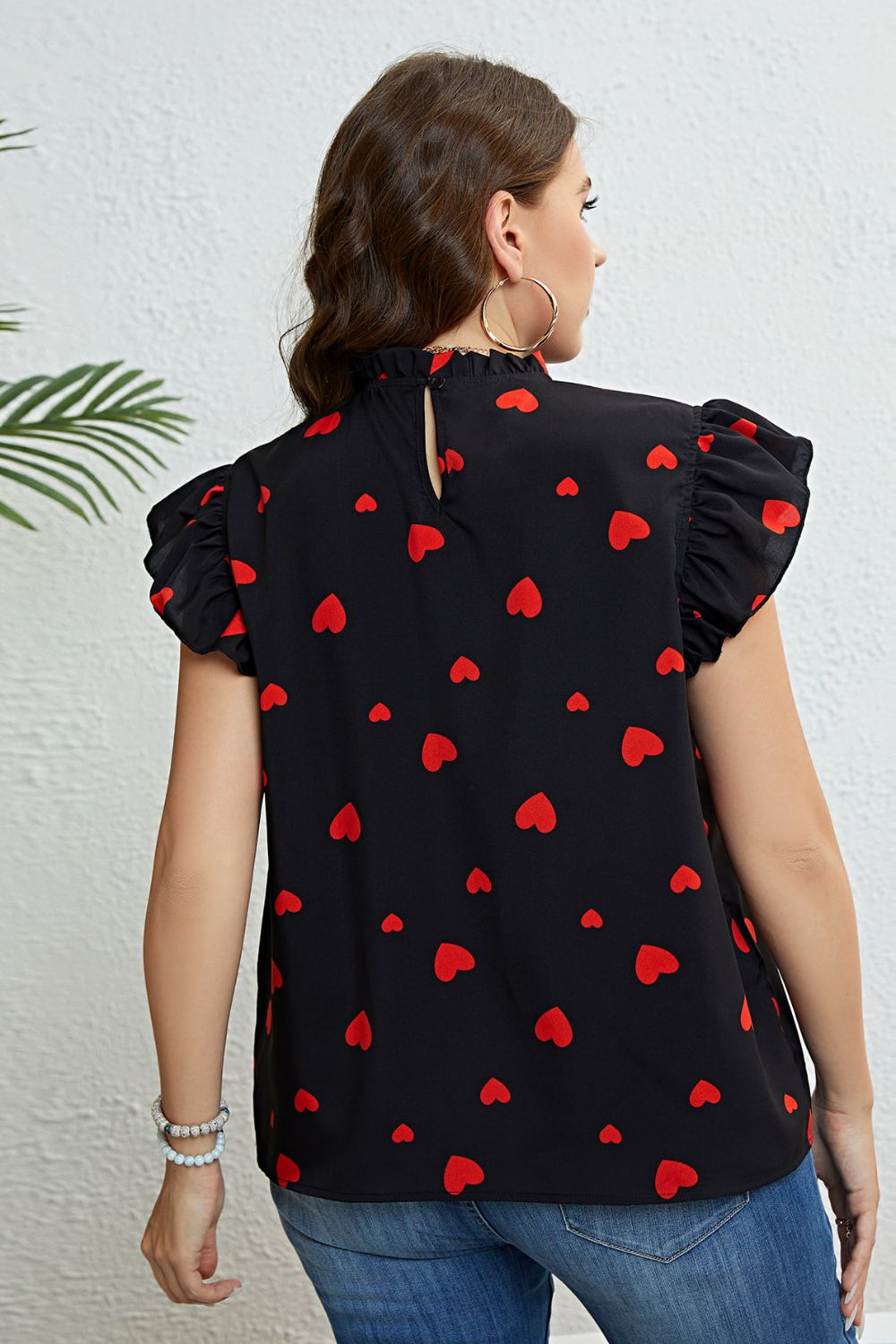 Plus Size Heart Print Butterfly Sleeve Mock Neck Top-Jewearrings