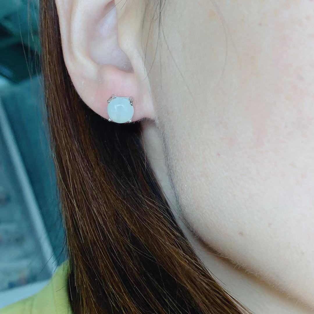 S925 Silver Natural Hetian Jade White Jade Retro Simple All-match Artistic Female Stud Earrings-Jewearrings