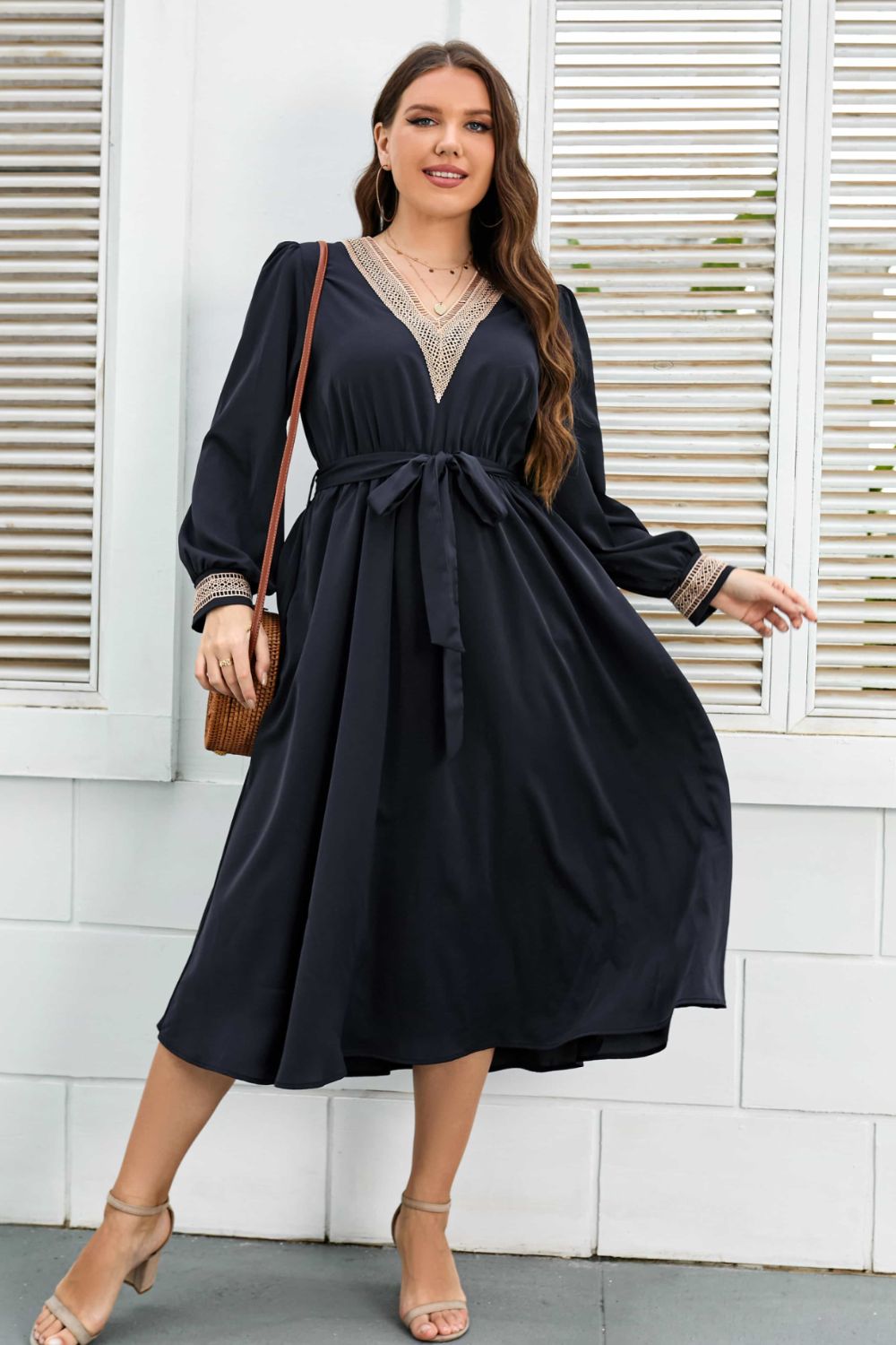 Melo Apparel Plus Size Contrast Tie Waist Midi Dress-Jewearrings