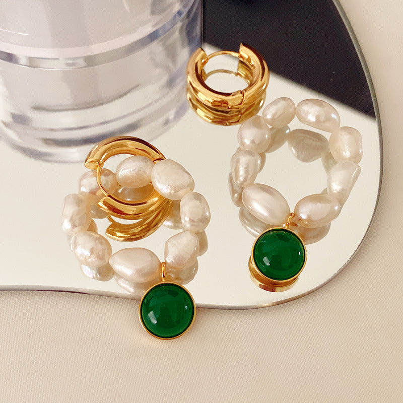 Gold Earrings Temperament Retro Glass Green-Jewearrings