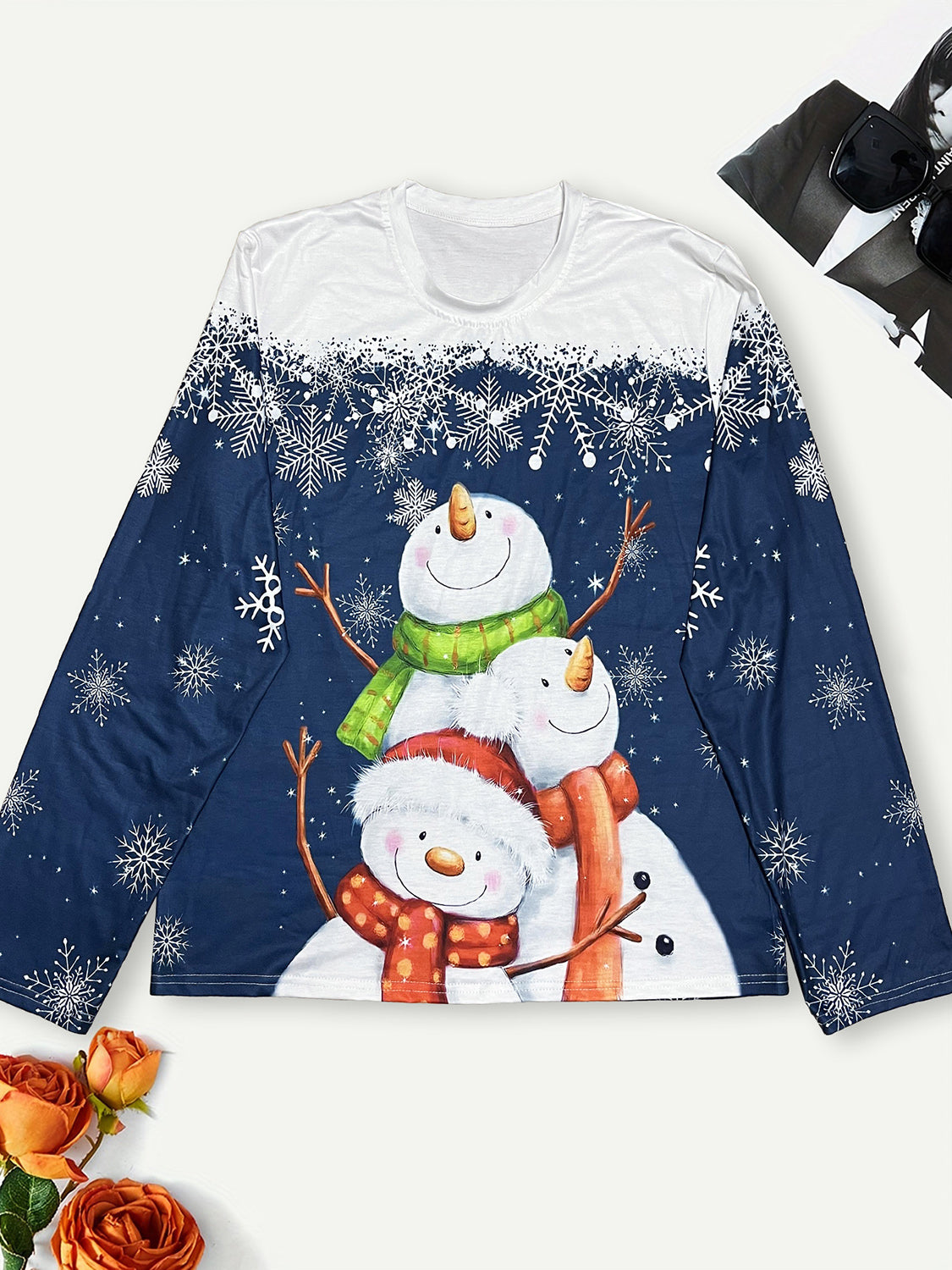 Plus Size Snowman & Snowflake Round Neck T-Shirt-Jewearrings