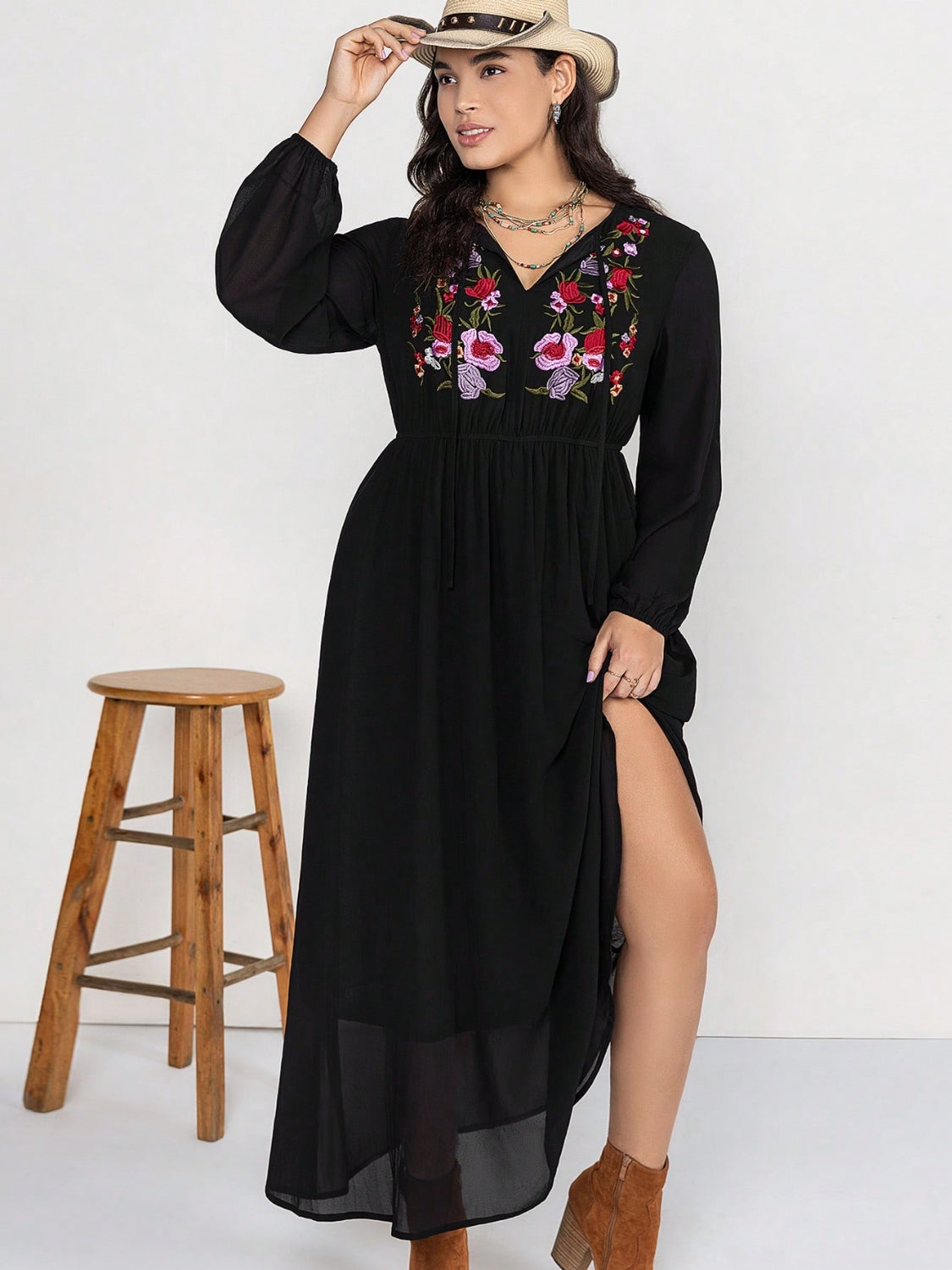 Plus Size Embroidered Tie Neck Long Sleeve Dress-Jewearrings