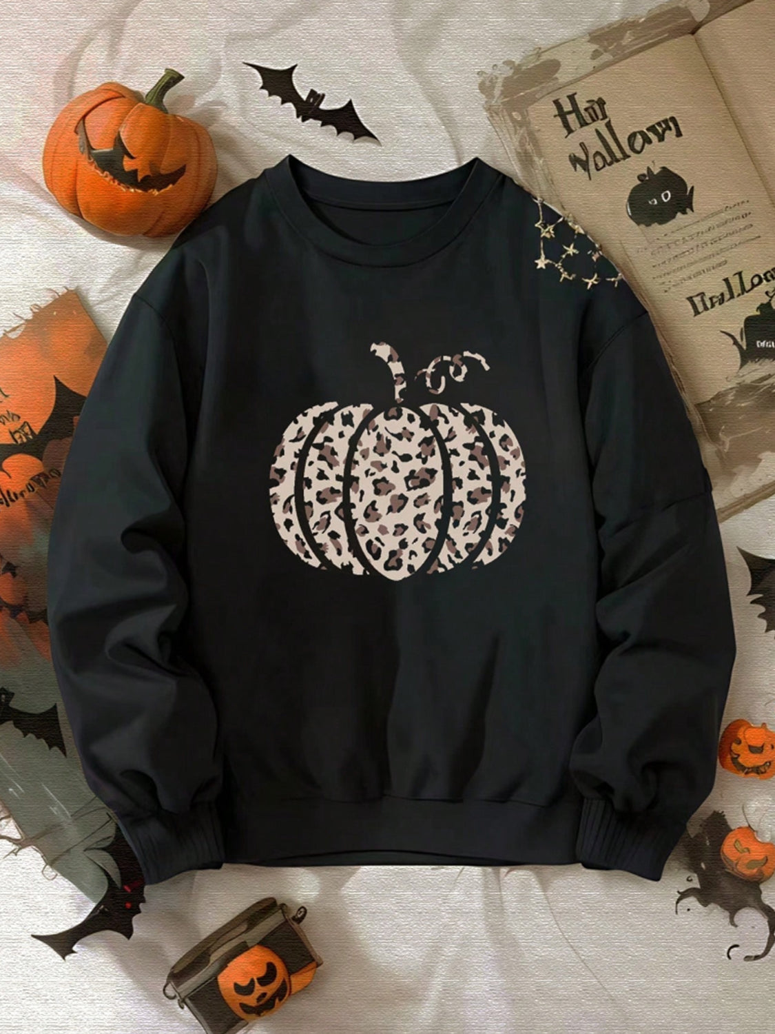 Pumpkin Graphic Round Neck Sweatshirt-Jewearrings