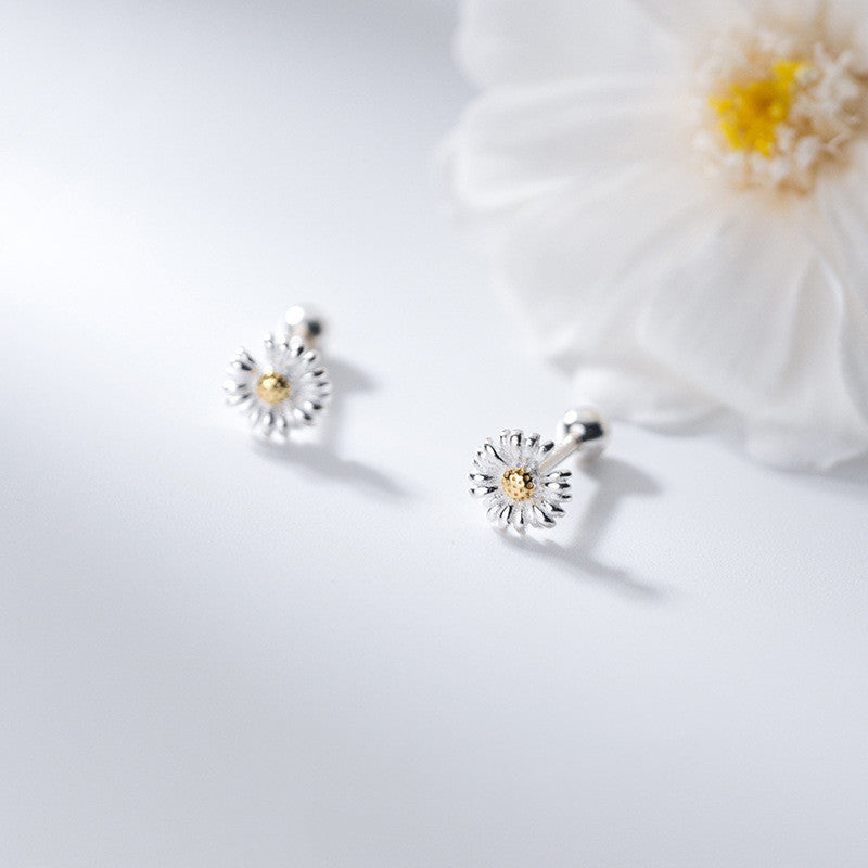 Silver Female Daisy Stud Earrings Sweet Floral-Jewearrings