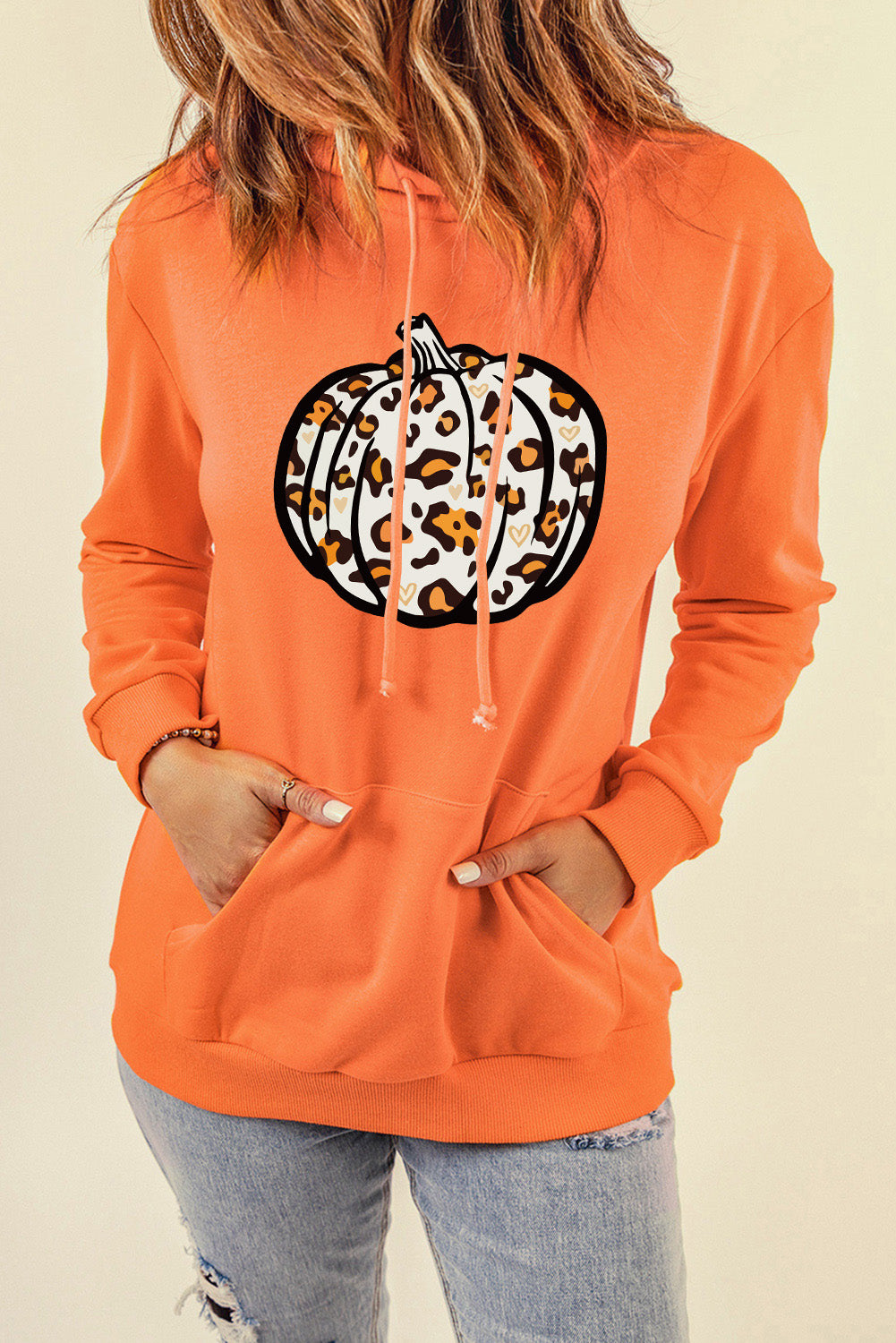 Leopard Pumpkin Graphic Hoodie with Pocket-Jewearrings