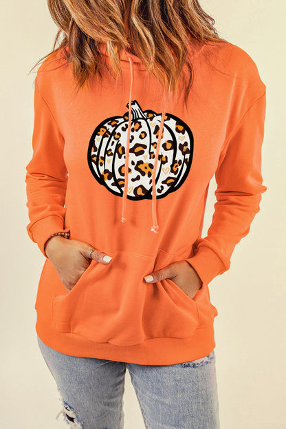 Leopard Pumpkin Graphic Hoodie with Pocket-Jewearrings