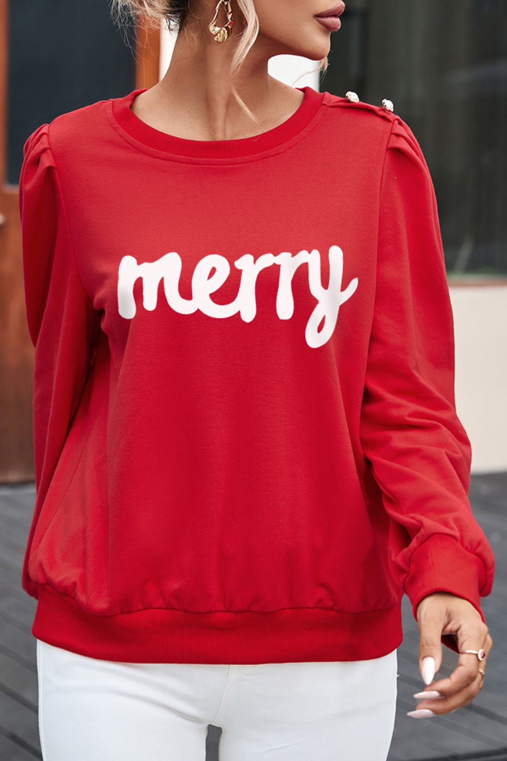 MERRY Ruff Sleeve Buttoned Sweatshirt-Jewearrings