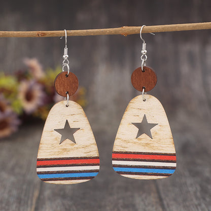 Cutout Star & Stripes Wooden Dangle Earrings-Jewearrings