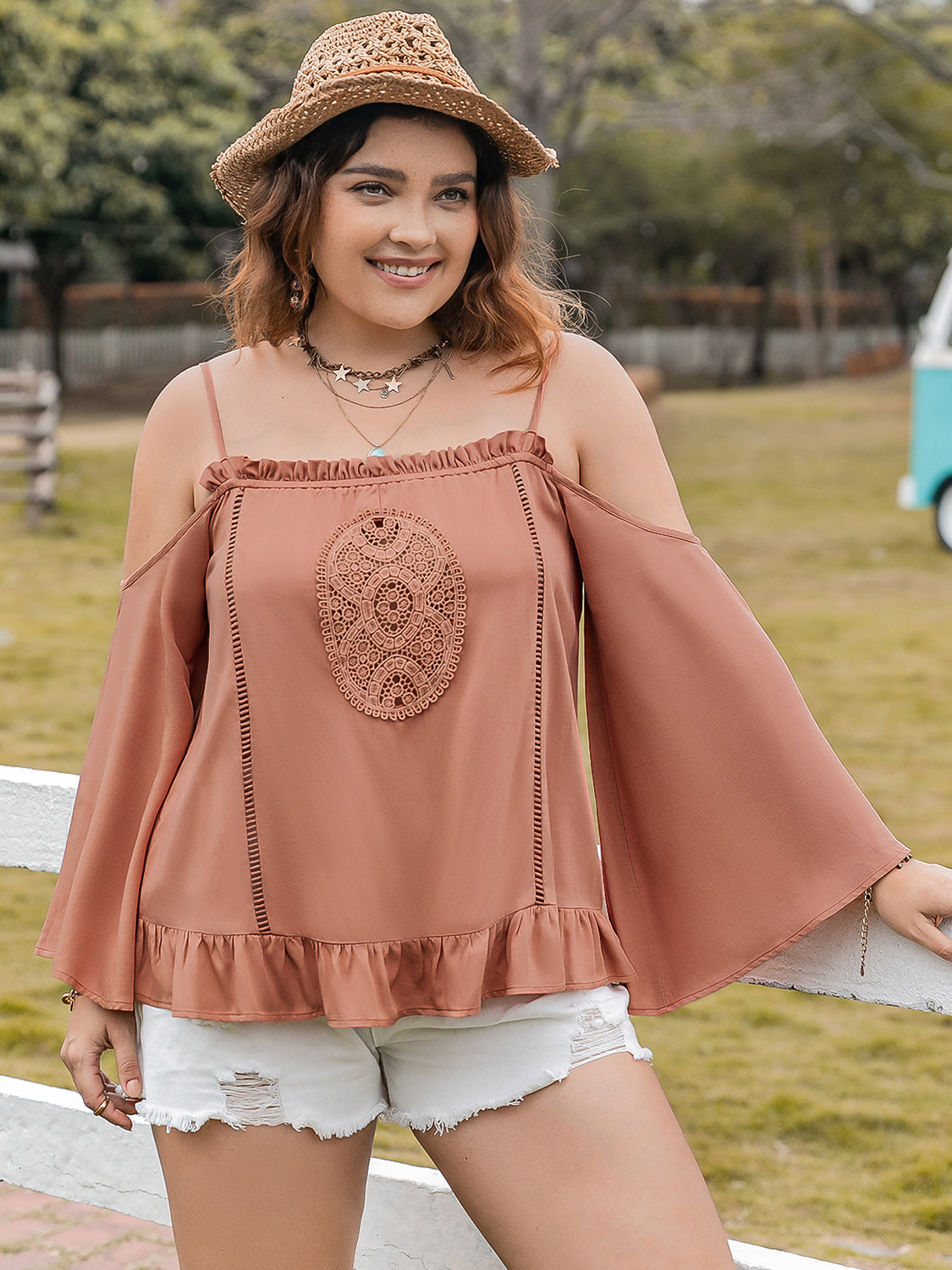 Plus Size Frill Square Neck Long Sleeve Blouse-Jewearrings