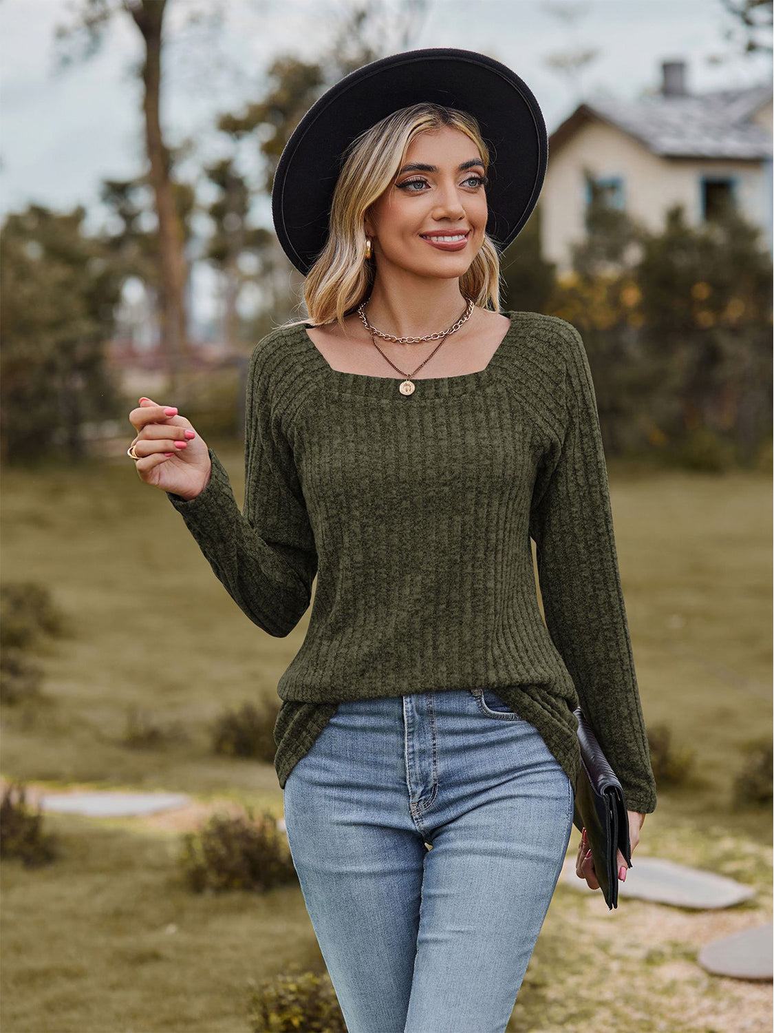 Full Size Ribbed Square Neck Long Sleeve T-Shirt-Jewearrings