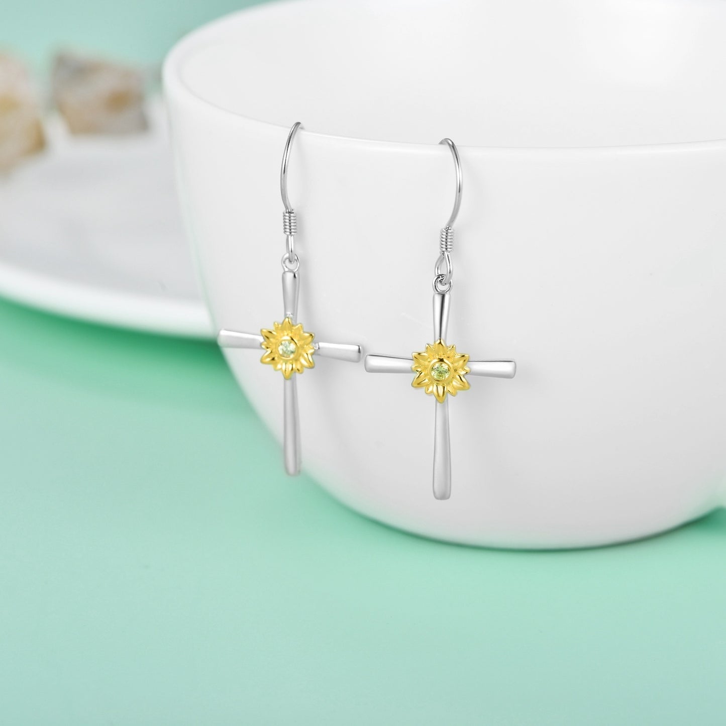 Sunflower Earrings Sterling Silver Cross Dangle Drop Hooks Earrings Sunflower Flower Jewelry Gifts for Women Teens Birthday-Jewearrings