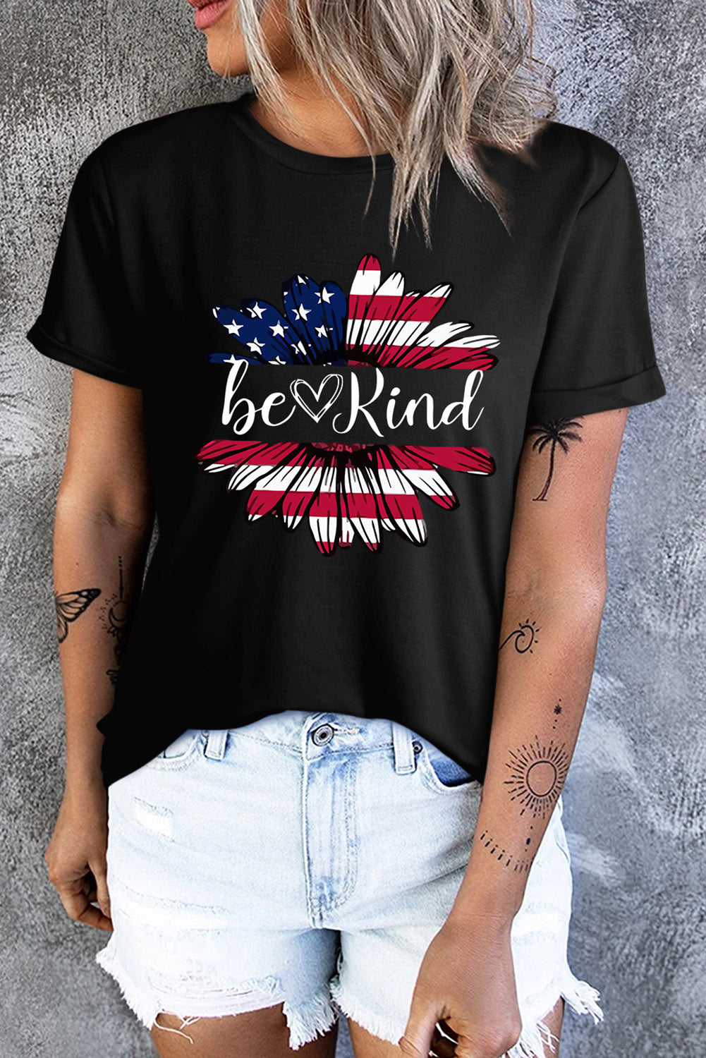 BE KIND US Flag Graphic Round Neck Tee-Jewearrings