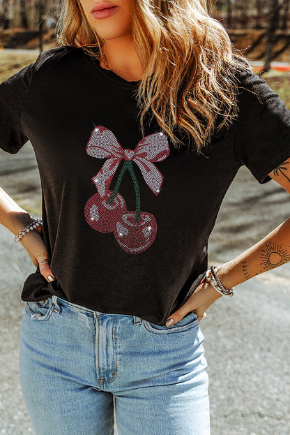 Cherry Graphic Round Neck Short Sleeve T-Shirt-Jewearrings