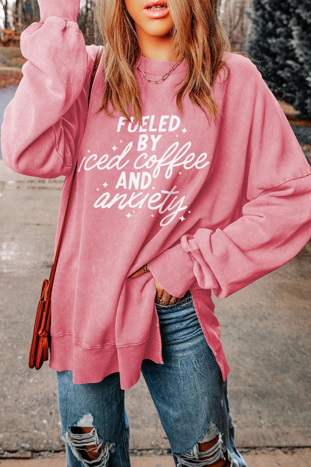 Slogan Graphic Dropped Shoulder Slit Sweatshirt-Jewearrings