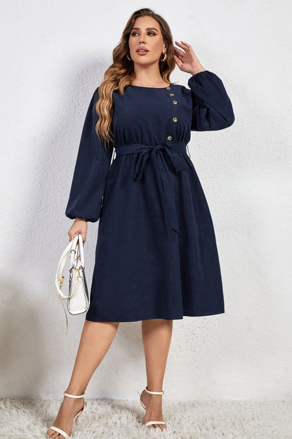 Melo Apparel Plus Size Buttoned Tie Belt Round Neck Long Sleeve Dress-Jewearrings