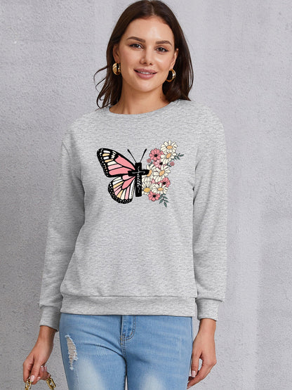 Butterfly Round Neck Dropped Shoulder Sweatshirt-Jewearrings