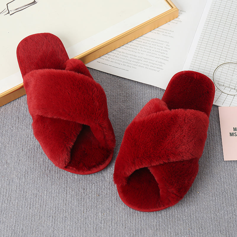 Faux Fur Crisscross Strap Slippers-Jewearrings