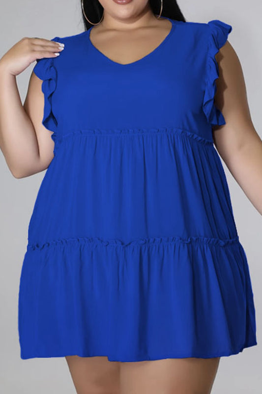 Plus Size V-Neck Frill Trim Mini Dress-Jewearrings