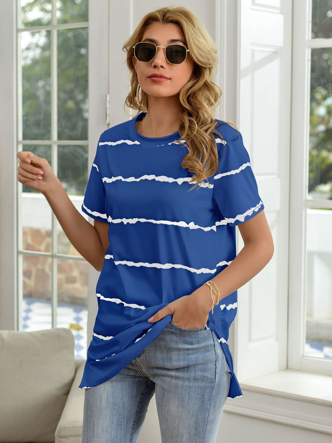 Striped Round Neck Short Sleeve T-Shirt-Jewearrings