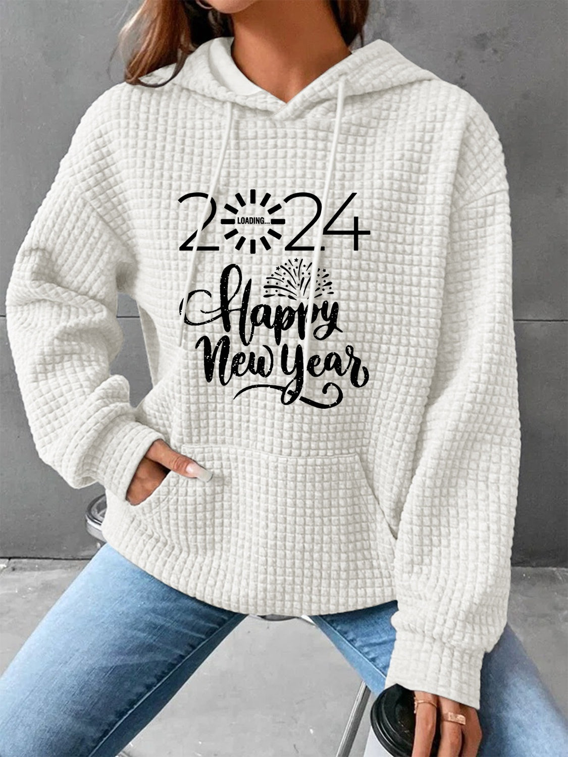 Full Size 2024 HAPPY NEW YEAR Waffle-Knit Hoodie-Jewearrings