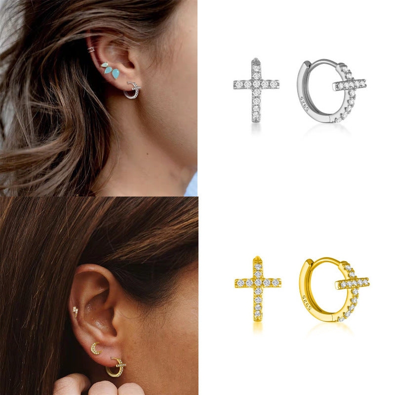 Cross Ear Clip Earrings Geometric Inlaid Zircon Girl-Jewearrings