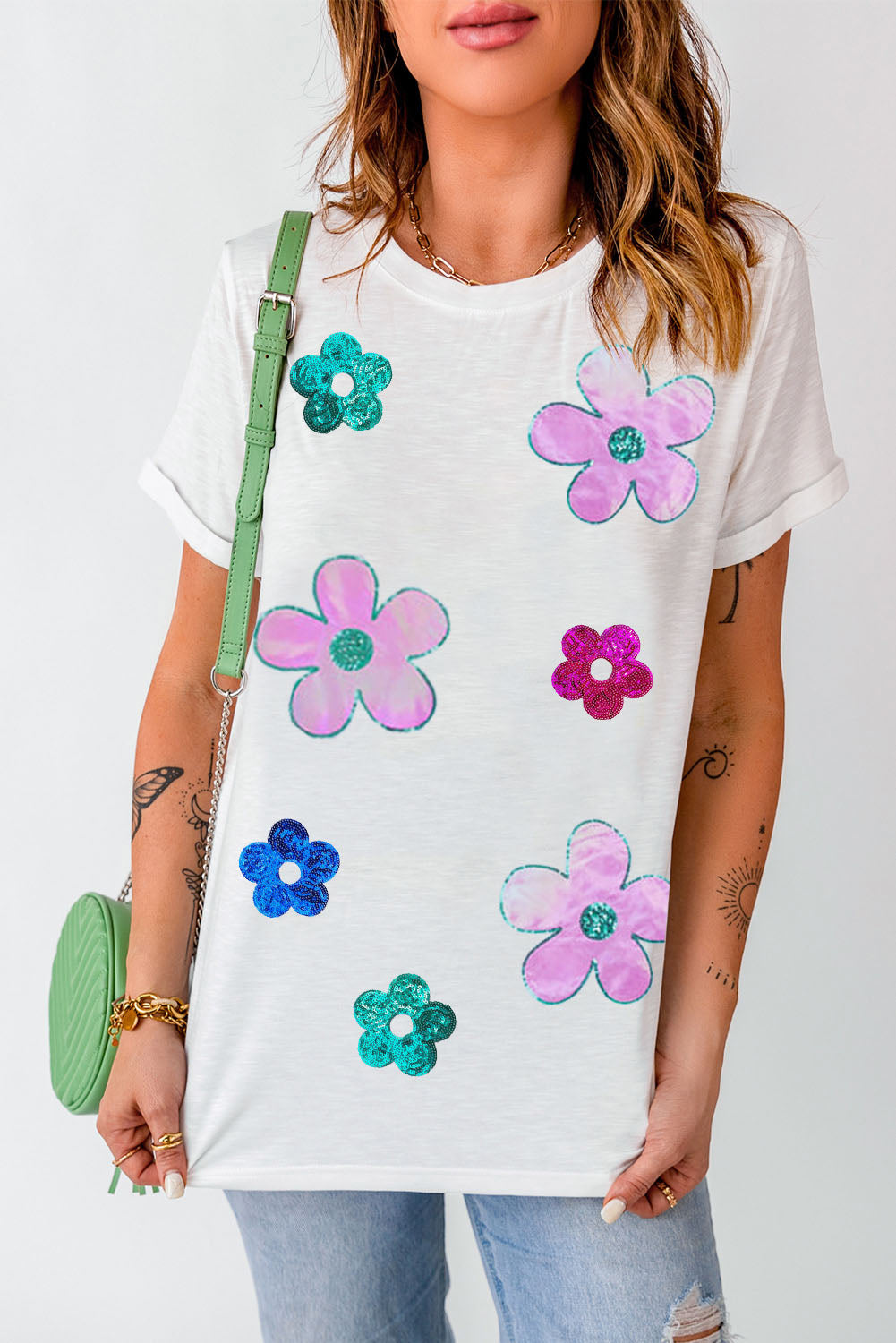 Flower Round Neck Short Sleeve T-Shirt-Jewearrings