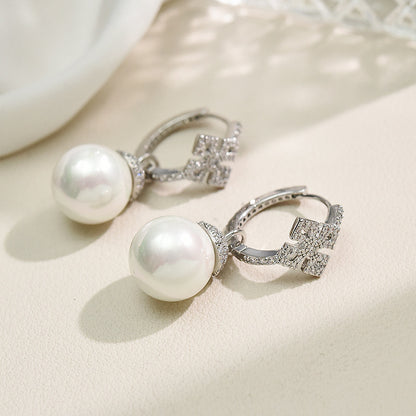 Micro-set Zircon Cross Pearl Silver Needle Earrings-Jewearrings