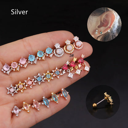 Women's Colored Round Zircon Stainless Steel Stud Earrings-Jewearrings