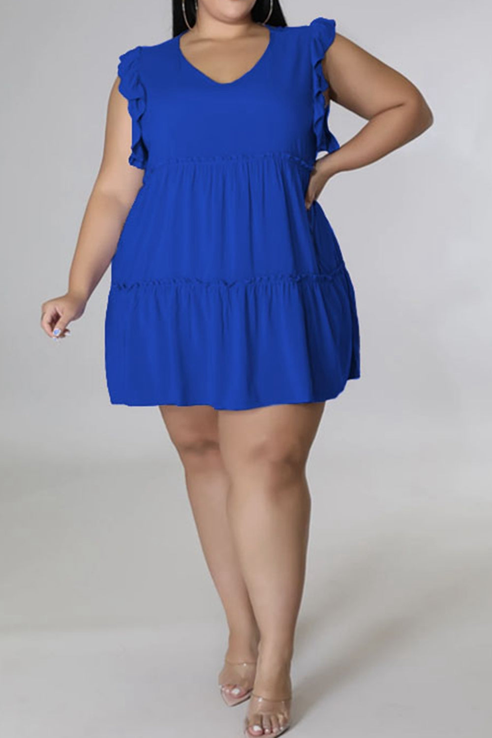 Plus Size V-Neck Frill Trim Mini Dress-Jewearrings