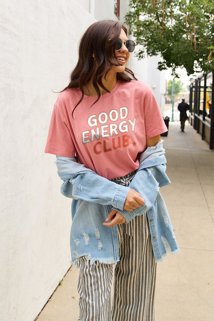 Simply Love Full Size GOOD ENERGY CLUB Short Sleeve T-Shirt-Jewearrings