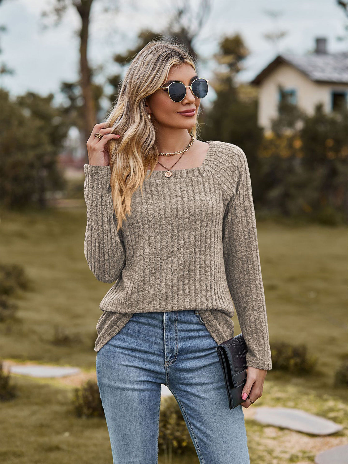 Full Size Ribbed Square Neck Long Sleeve T-Shirt-Jewearrings