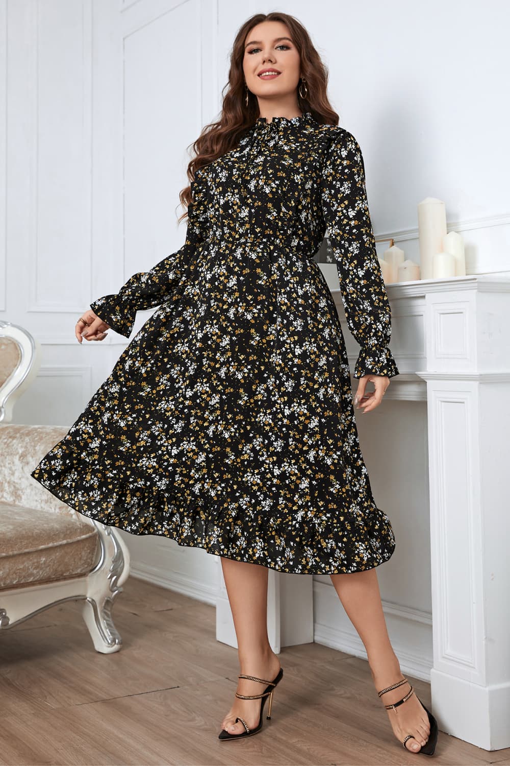 Melo Apparel Plus Size Floral Flounce Sleeve Midi Dress-Jewearrings