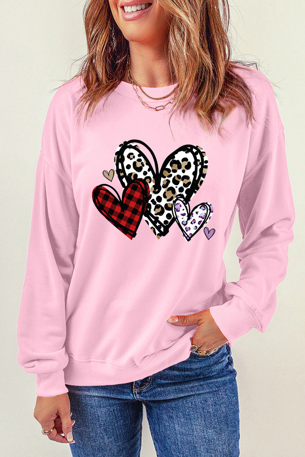 Heart Round Neck Dropped Shoulder Sweatshirt-Jewearrings