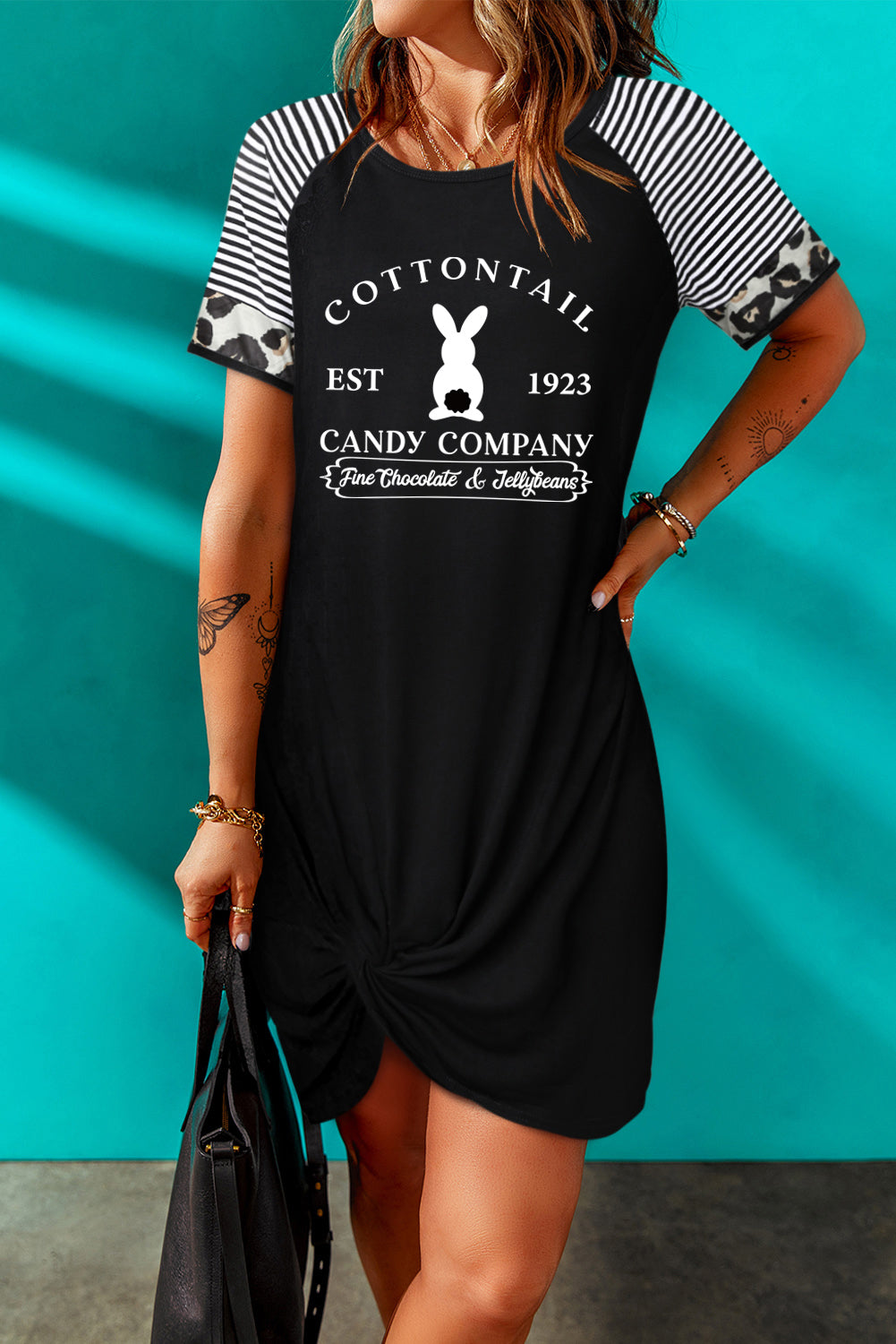 Easter Letter Graphic Mixed Print Twisted T-Shirt Dress-Jewearrings