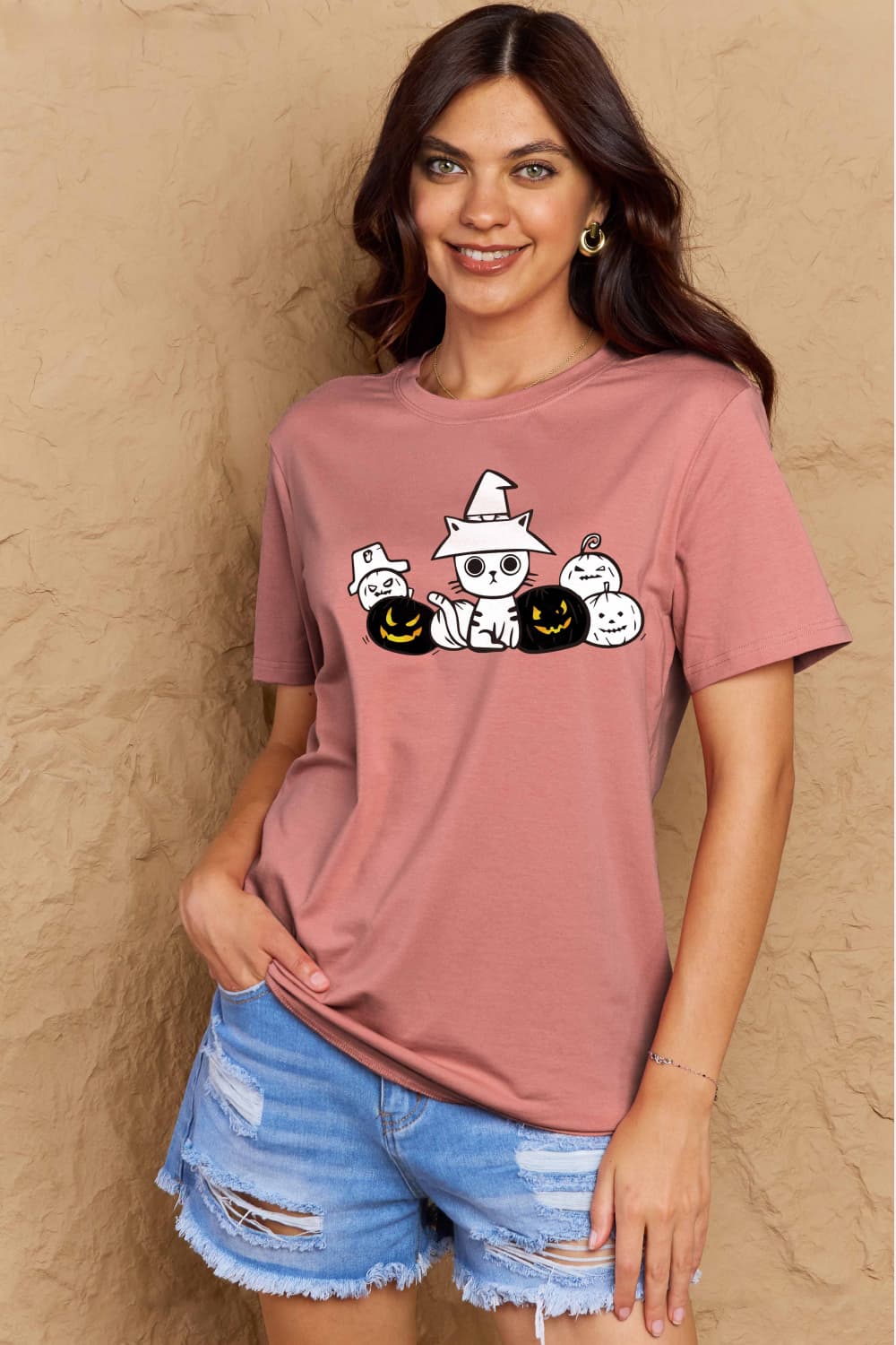 Simply Love Full Size Cat & Pumpkin Graphic Cotton T-Shirt-Jewearrings