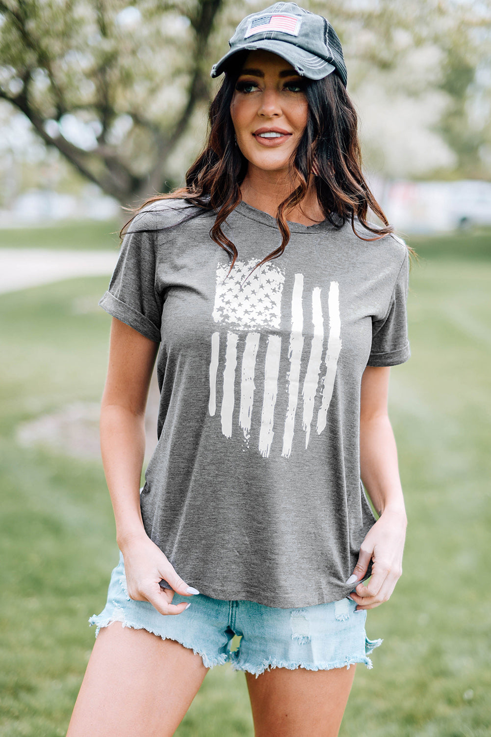 US Flag Graphic Cuffed Sleeve Tee-Jewearrings