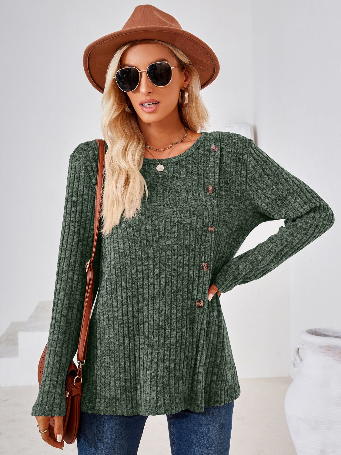 Ribbed Buttoned Round Neck Slit T-Shirt-Jewearrings