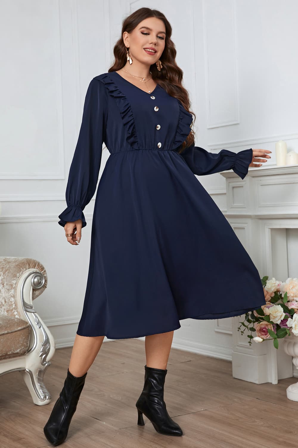 Melo Apparel Plus Size V-Neck Buttoned Flounce Sleeve Dress-Jewearrings