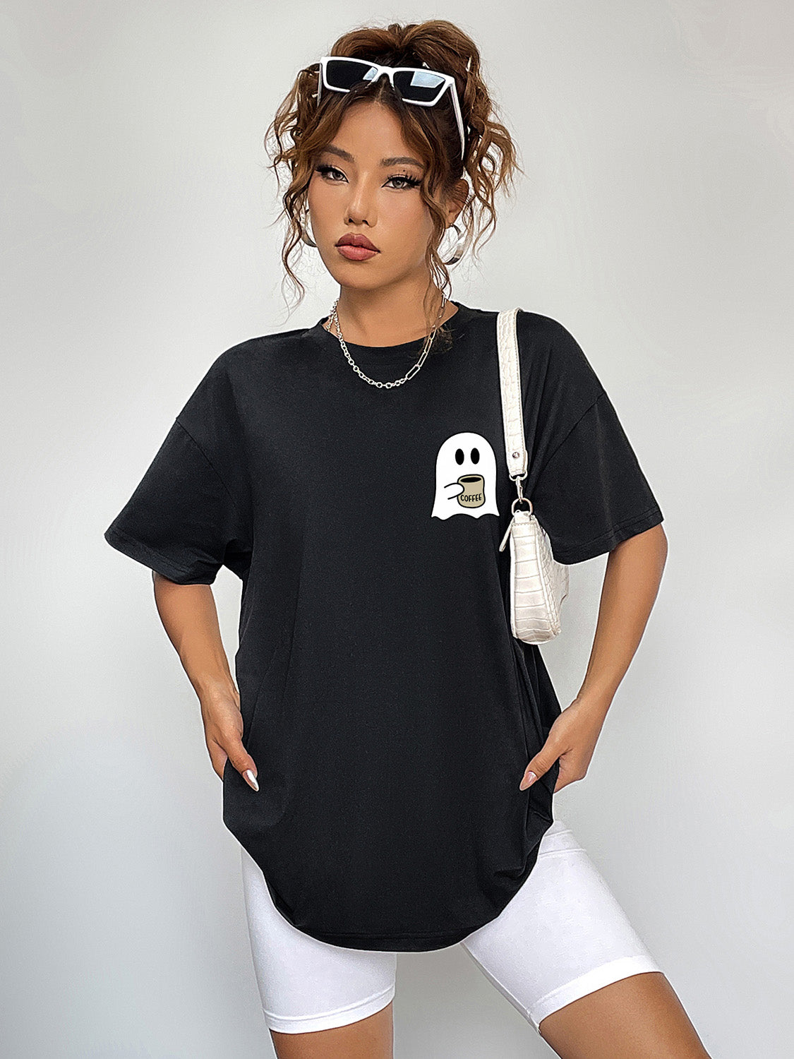 Round Neck Short Sleeve Ghost Graphic T-Shirt-Jewearrings