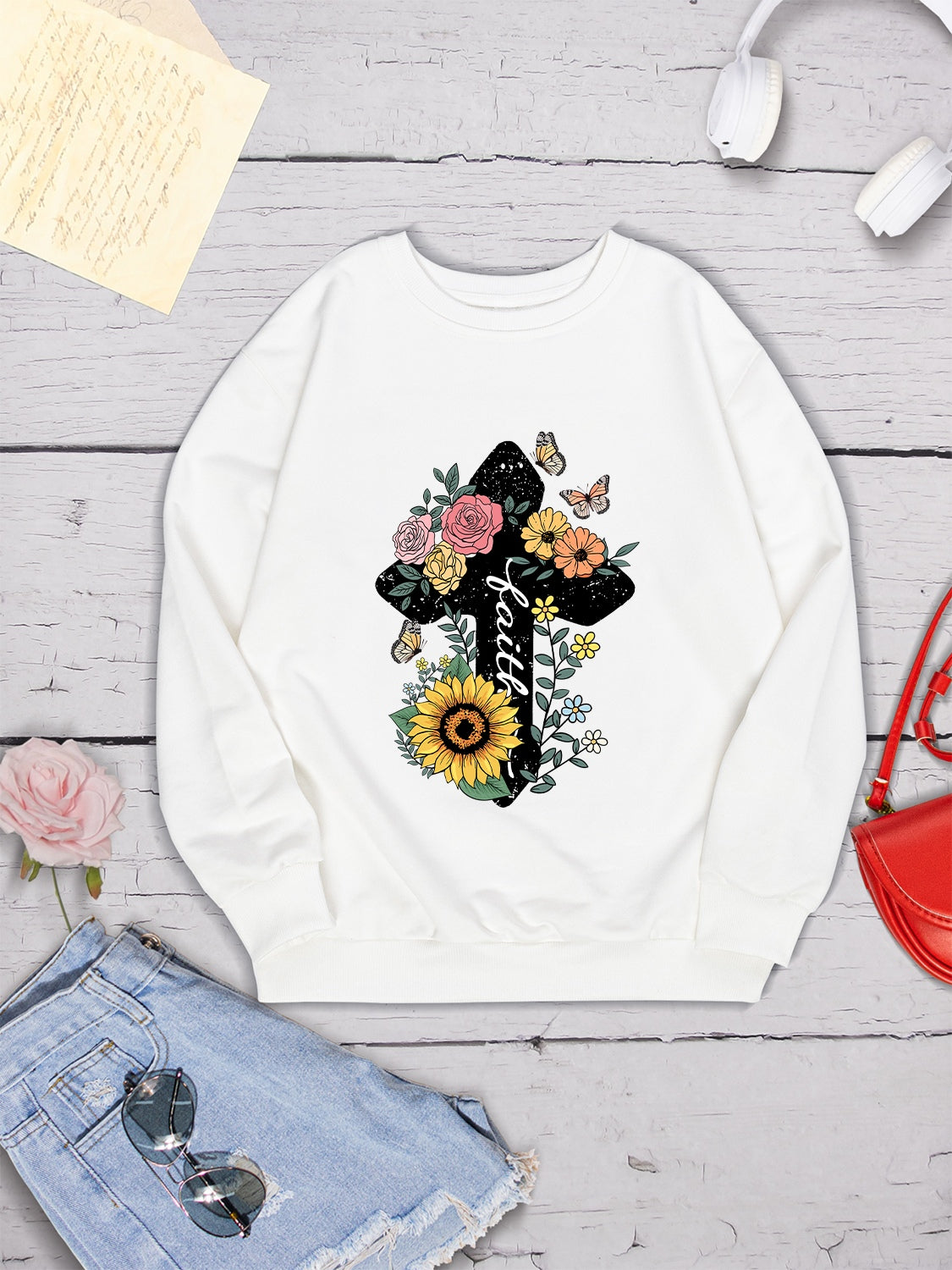 Graphic Round Neck Dropped Shoulder Sweatshirt-Jewearrings