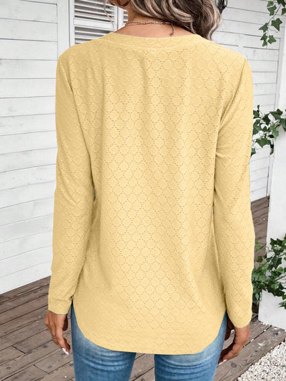 Eyelet V-Neck Long Sleeve T-Shirt-Jewearrings