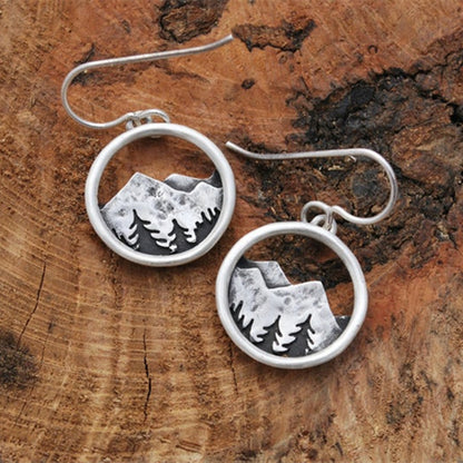 Vintage Silver Three-Dimensional Round Mountains Cutout Drop Earrings-Jewearrings