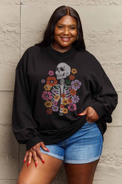 Simply Love Simply Love Full Size Flower Skeleton Graphic Sweatshirt-Jewearrings