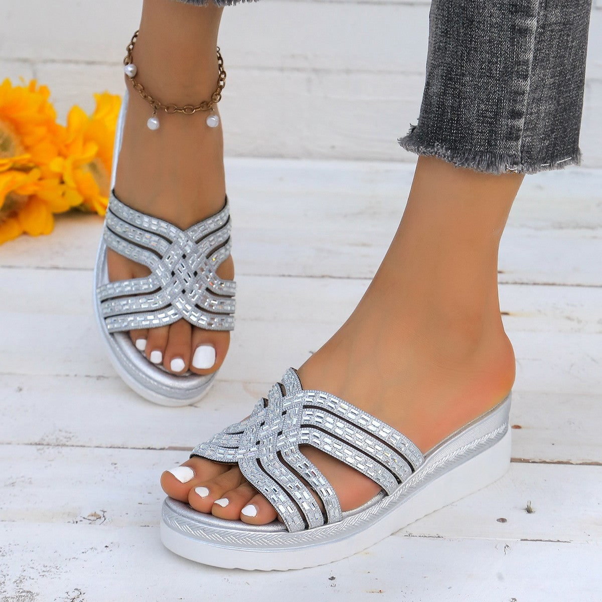 Rhinestone Open Toe Wedge Sandals-Jewearrings