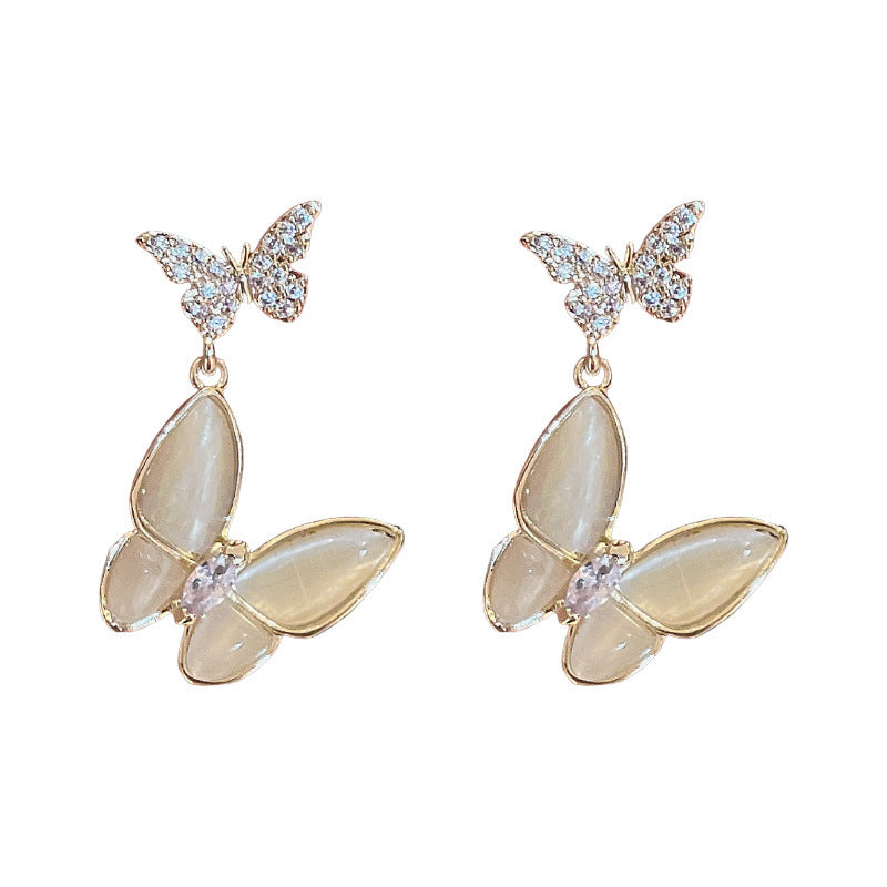 Silver Needle Opal Zircon Butterfly Earrings-Jewearrings